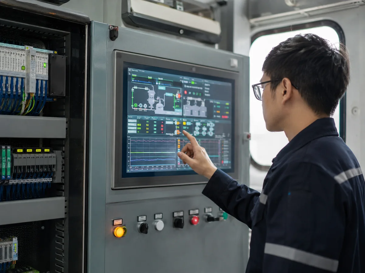 Técnicos revisando HMI, PLC y gabinete de control