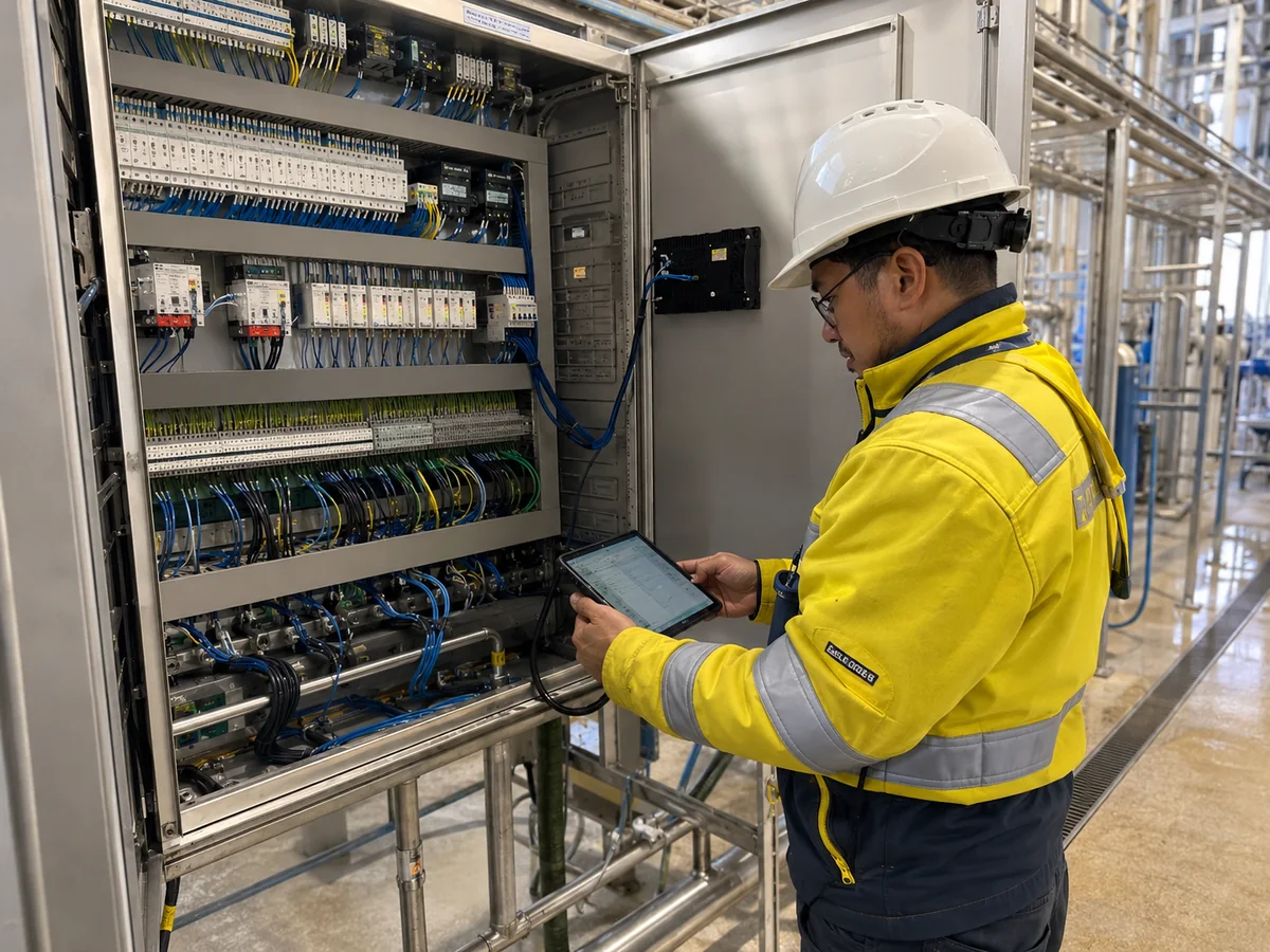 Técnico revisando tablero eléctrico industrial